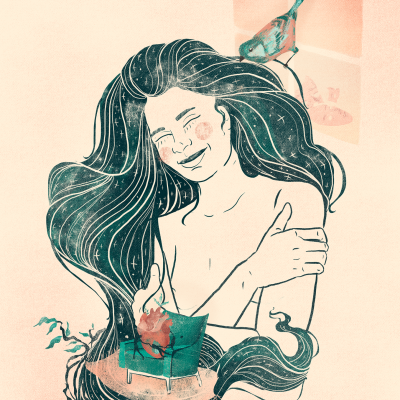 Ilustração de mulher com cabelo longo e pássaro colorido com cadeira embutida no cabelo.