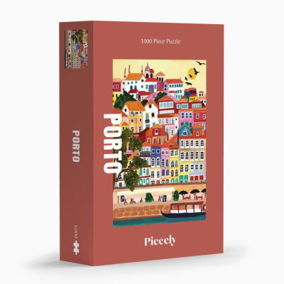 Caixa de puzzle 1000 peças com design de edifícios coloridos do Porto
