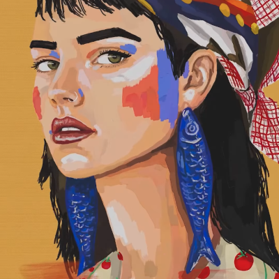 Ilustração de mulher com lenço colorido e brincos azuis de peixe