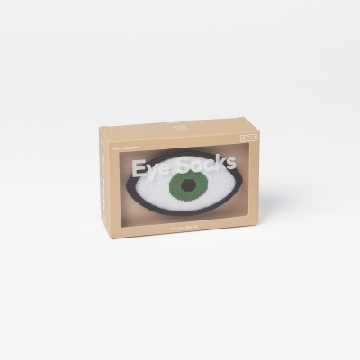 Caixa com produto em forma de olho e texto 'Eye Socks'