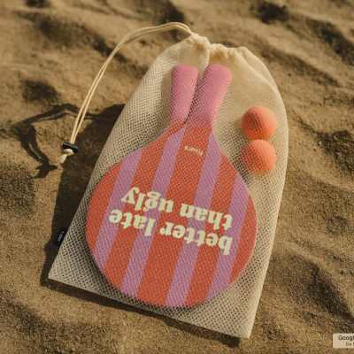 Raquetes de madeira às riscas rosa e vermelho com texto, duas bolas laranja e saco de rede sobre areia