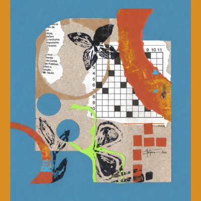 Colagem artística com elementos coloridos e palavras cruzadas.