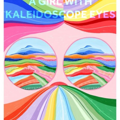 Padrões coloridos com texto 'A GIRL WITH KALEIDOSCOPE EYES' e dois círculos com paisagens coloridas.