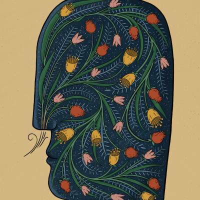 Desenho de uma cabeça de perfil com padrão floral colorido sobre fundo bege