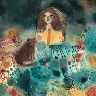 Ilustração aguarela menina com livro e gato em fundo colorido abstrato