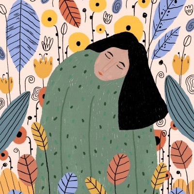 Mulher em casaco verde rodeada de folhas e flores coloridas em estilo ilustrativo