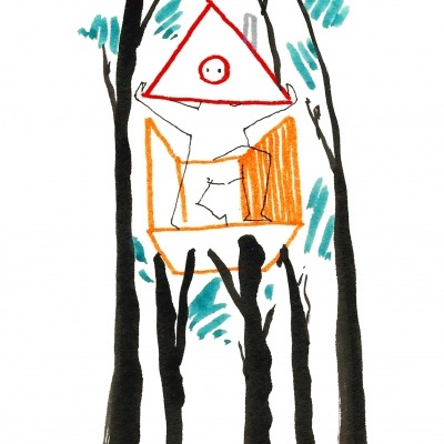 Desenho de casa na árvore com árvores e folhas ao redor.