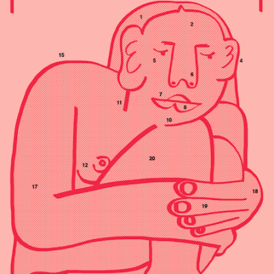 Ilustração gráfica de figura humana sentada com partes numeradas e legenda em inglês, fundo rosa.