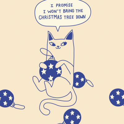 Ilustração de gato azul com bolas de Natal azuis e estrelas, frase em balão de fala.