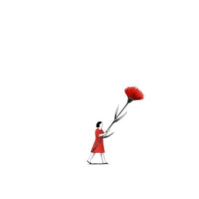 Desenho minimalista de mulher em vestido vermelho segurando uma flor vermelha grande.