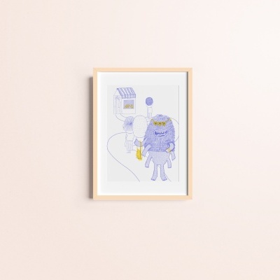 Quadro com ilustração colorida pendurado numa parede branca