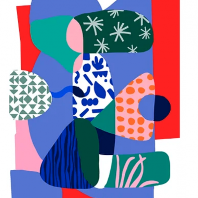Ilustração abstrata colorida com formas geométricas e padrões variados.