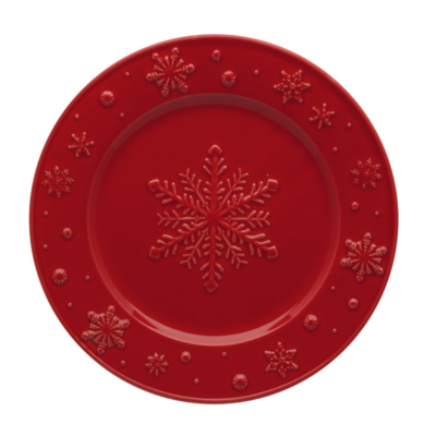 Prato cerâmico vermelho com padrão de flocos de neve em relevo