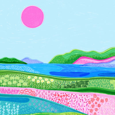 paisagem ilustrada colorida com céu azul, sol rosa, colinas verdes e campos floridos