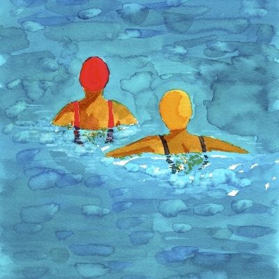 Pintura aquarela de duas pessoas a nadar em água azul