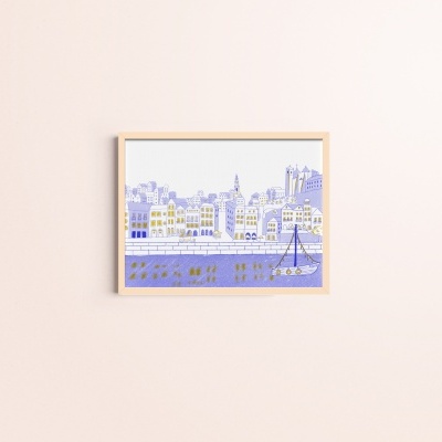 Quadro decorativo com ilustração urbana em azul e amarelo