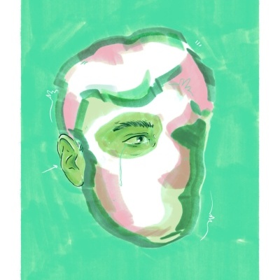 Ilustração estilizada de uma cabeça humana em tons verdes, branco e rosa