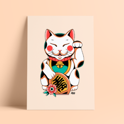 Cartaz com ilustração de gato da sorte Maneki-neko colorido com placa e flor