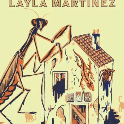 Capa de livro ilustrada com louva-a-deus e casa velha amarela.