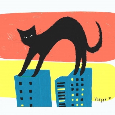 Ilustração de gato preto arqueado sobre edifícios azuis com fundo vermelho e amarelo