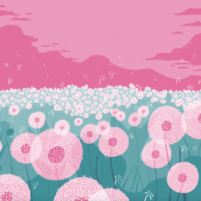 Campo de flores tipo dente-de-leão cor-de-rosa e branco com céu cor-de-rosa.