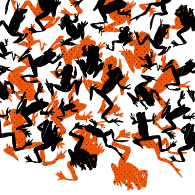 Pessoas pequenas com guarda-chuva sob chuva de sapos laranja e pretos