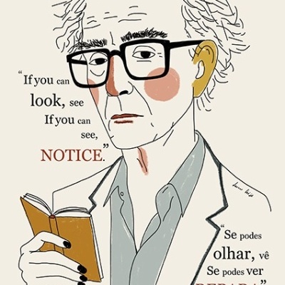 Desenho de homem idoso de óculos a segurar um livro castanho aberto