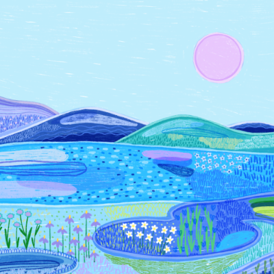 Paisagem estilizada com lago e colinas coloridas em tons de azul, verde e rosa.