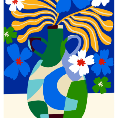 Vaso decorativo colorido com flores estilizadas em fundo azul.