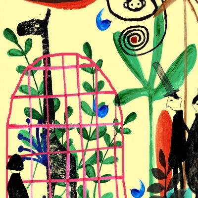 Ilustração artística com girafa dentro de gaiola rosa, macaco pendurado, árvores verdes e figuras humanas pretas.