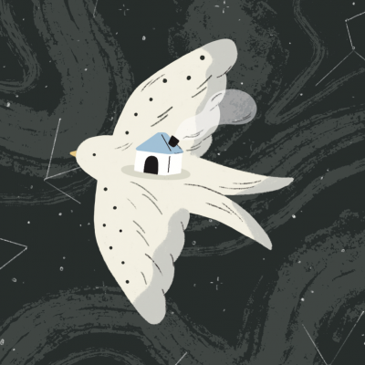 Ilustração de pássaro branco com casa azul nas asas em fundo com constelações