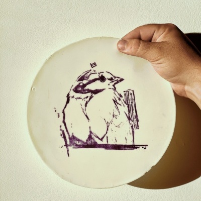 Disco branco redondo com ilustração de pássaro preto com coroa sendo segurado por uma mão