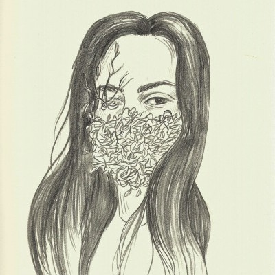 Desenho a lápis de um rosto feminino com máscara floral