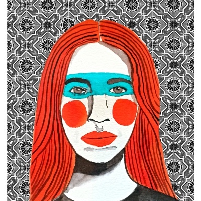 Ilustração de rosto feminino com máscara azul e cabelo laranja sobre fundo padrão geométrico.