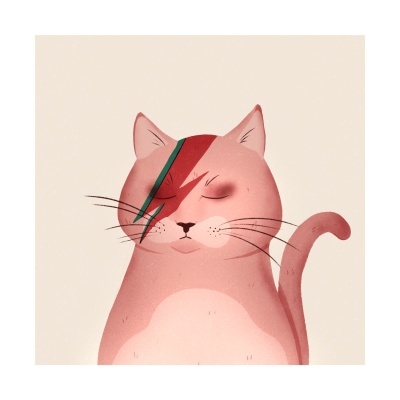 Ilustração digital de um gato cor de rosa com listra vermelha e verde na cara