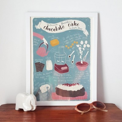 Poster ilustrado de receita de bolo de chocolate sem farinha rodeado por decoração numa superfície de madeira