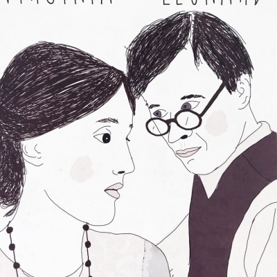 Desenho a preto e branco de duas pessoas com texto 'VIRGINIA & LEONARD'
