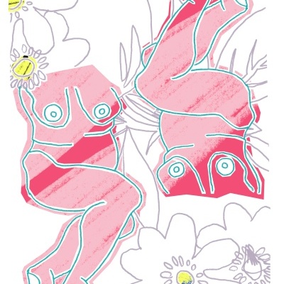 Ilustração de duas figuras femininas em rosa com flores brancas ao fundo