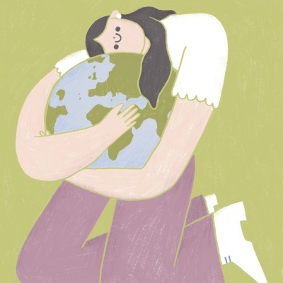 Pessoa ajoelhada a abraçar um globo terrestre numa ilustração colorida.