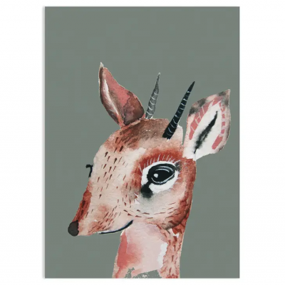 Ilustração colorida de uma gazela com cornos sobre fundo cinzento.