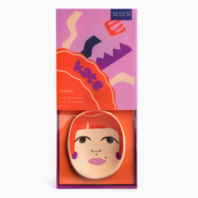 Porta incenso lavanda com design de rosto feminino em embalagem colorida