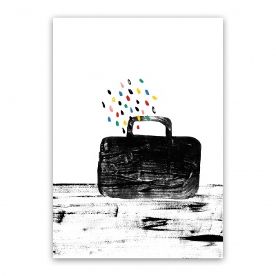 Ilustração minimalista de mala preta com gotas coloridas