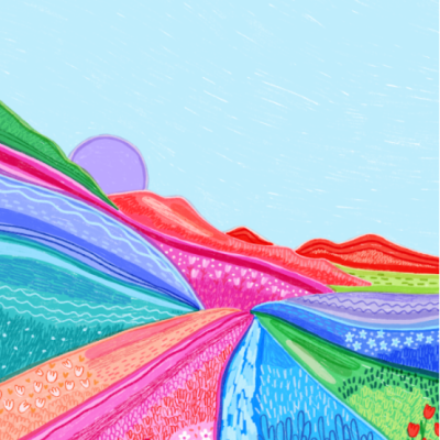 Ilustração de campos floridos coloridos sob um céu claro com sol ou lua lilás