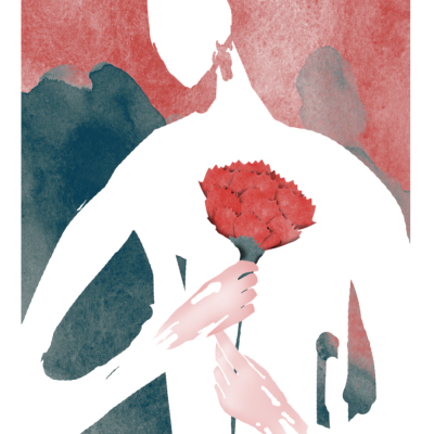 Ilustração abstrata de uma silhueta humana com flor vermelha