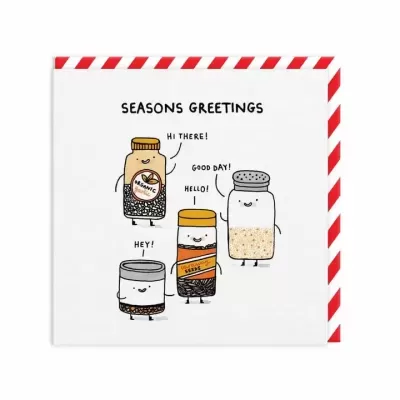 Cartão com frascos de especiarias a dizerem cumprimentos sazonais