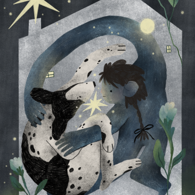 Ilustração digital de um humano e um cão abraçados, rodeados por natureza e uma estrela brilhante.