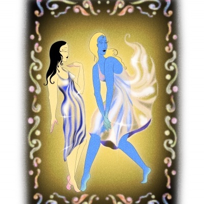 Ilustração de duas mulheres com vestidos esvoaçantes em fundo decorado