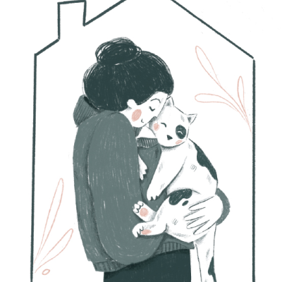 Ilustração de mulher a abraçar gato dentro de forma de casa desenhada.