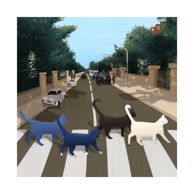 Quatro gatos estilizados atravessando uma passadeira de peões numa rua com carros e árvores ao fundo.