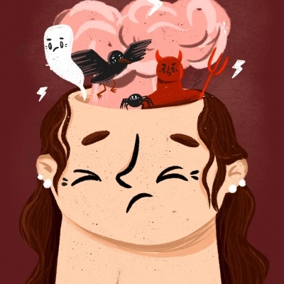 Ilustração de rosto feminino com cérebro exposto e figuras dentro